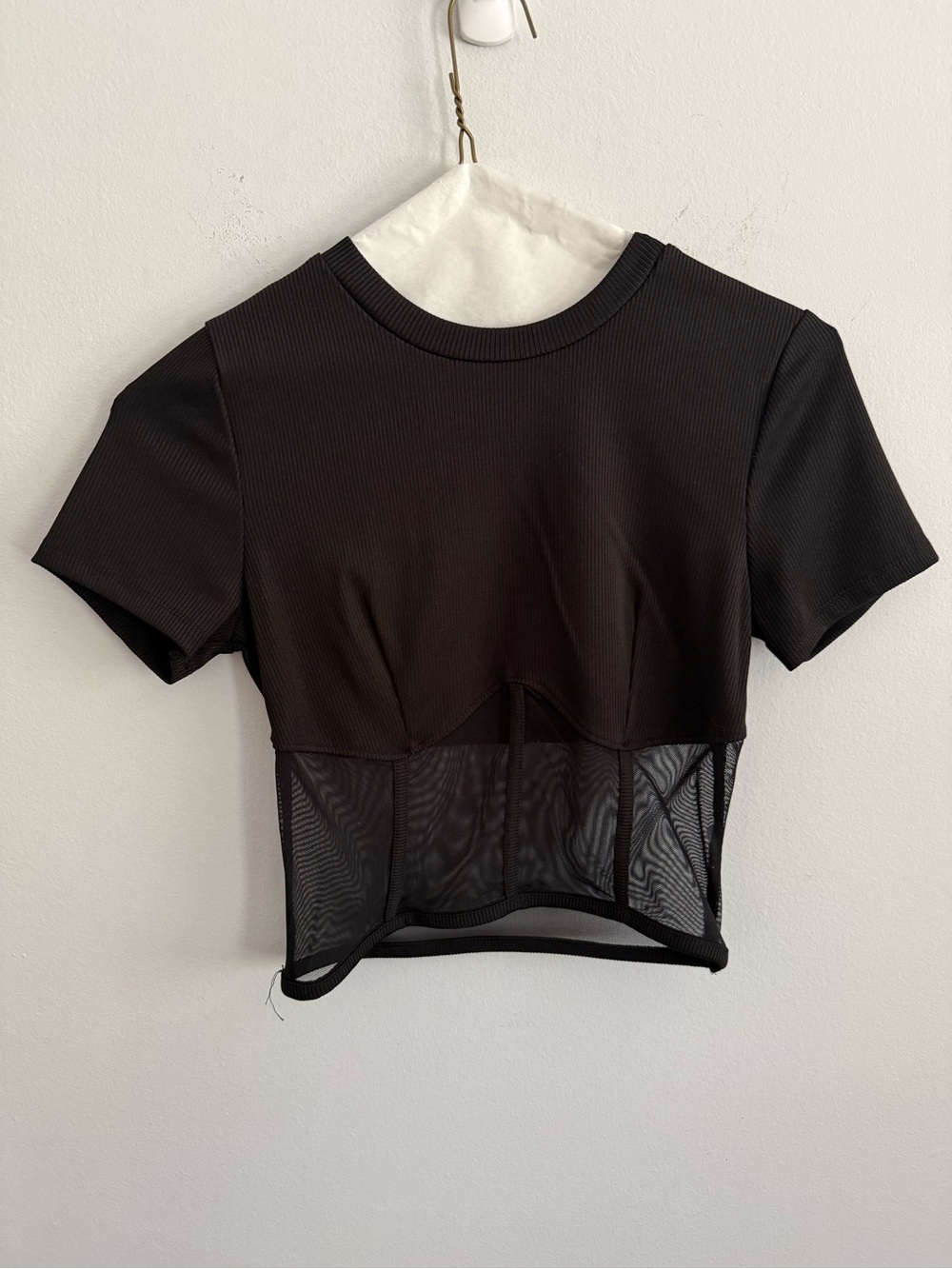 love J Black Short-Sleeve Crop Top with Mesh Bodice
